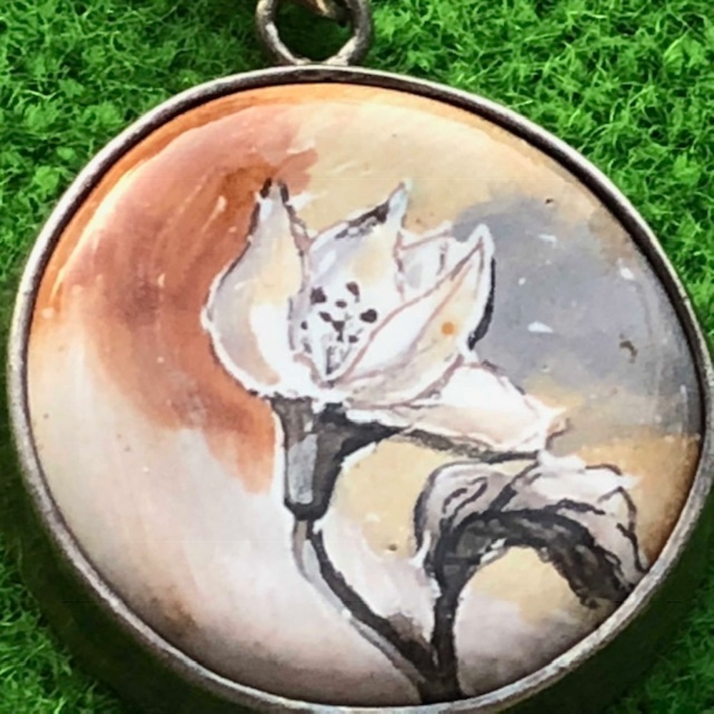 BOHO sterling silver hand painted flower pendant